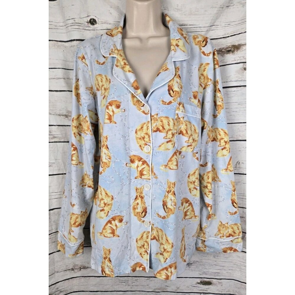 Bedhead Cat Print Pajama Top L Womens Organic Cotton Button Up Blue